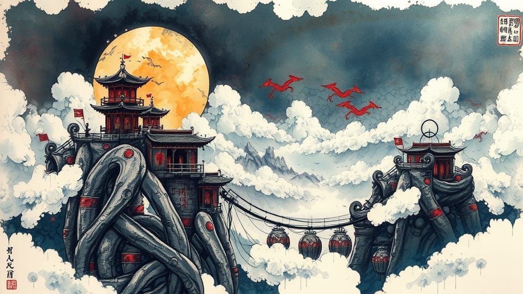 Steampunk City Over Chinese Landscape in Ink Splatter Art