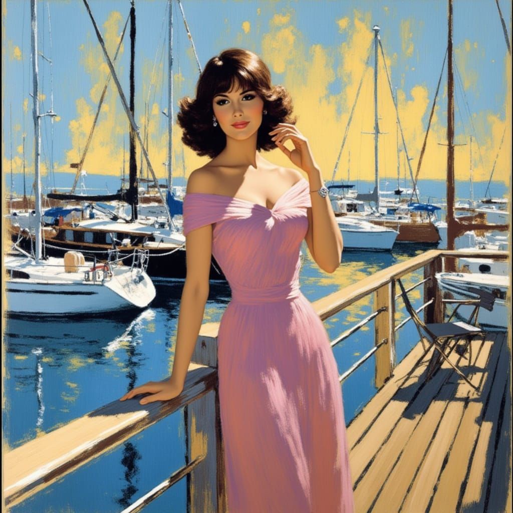 Impressionist Marina Scene with Raquel Welch in Pastel Hues