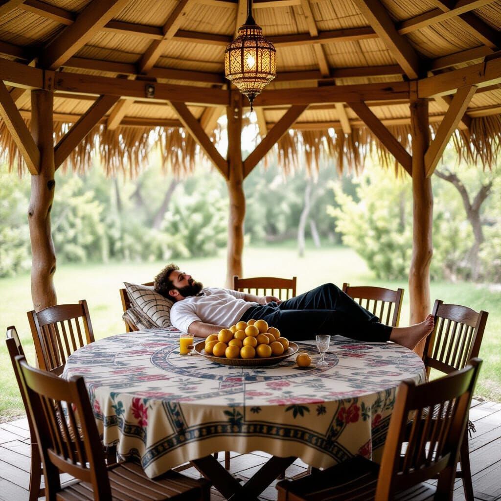 Magnificent Sukkah Table Scene with Man and Etrogim