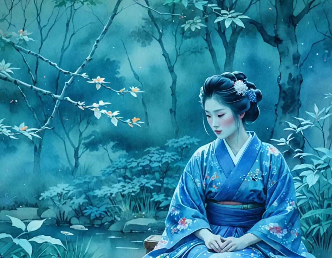 Geisha in Garden: Chinese Watercolor Painting