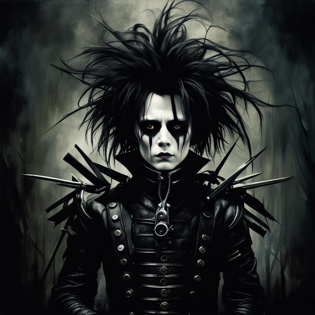 Edward Scissorhands in Ominous Gothic Watercolor Style