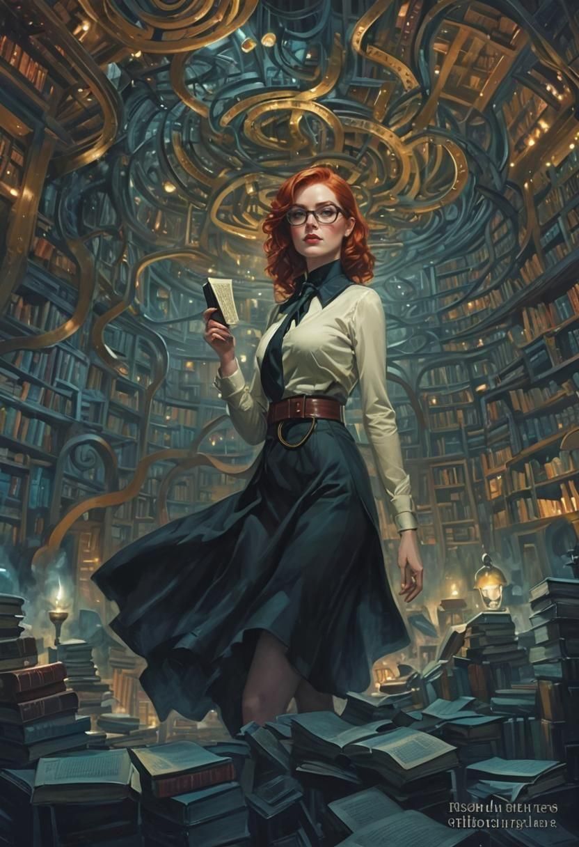 Noir Librarian in Library Labyrinth Painting