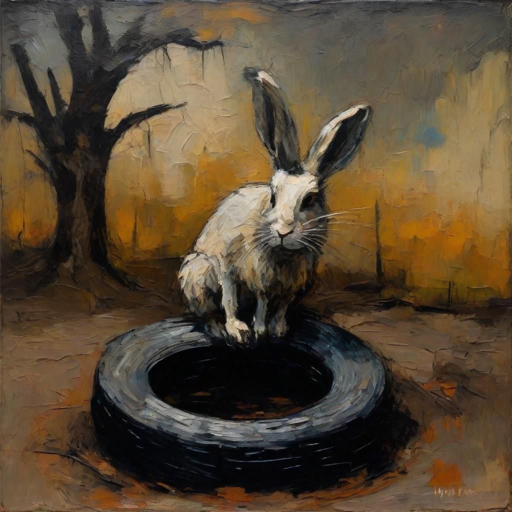 Eerie Rabbit on Tire in Expressionist Style