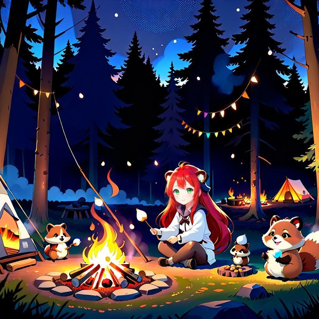 Cute Anime Girl Camping with Tanuki