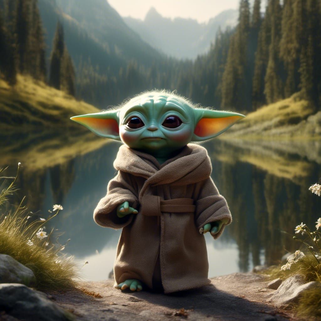 Baby Yoda Meditates by a Calm Lake in Spring