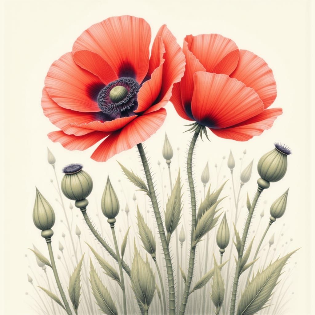 Colored Pencil Drawing of Poppy Flowers