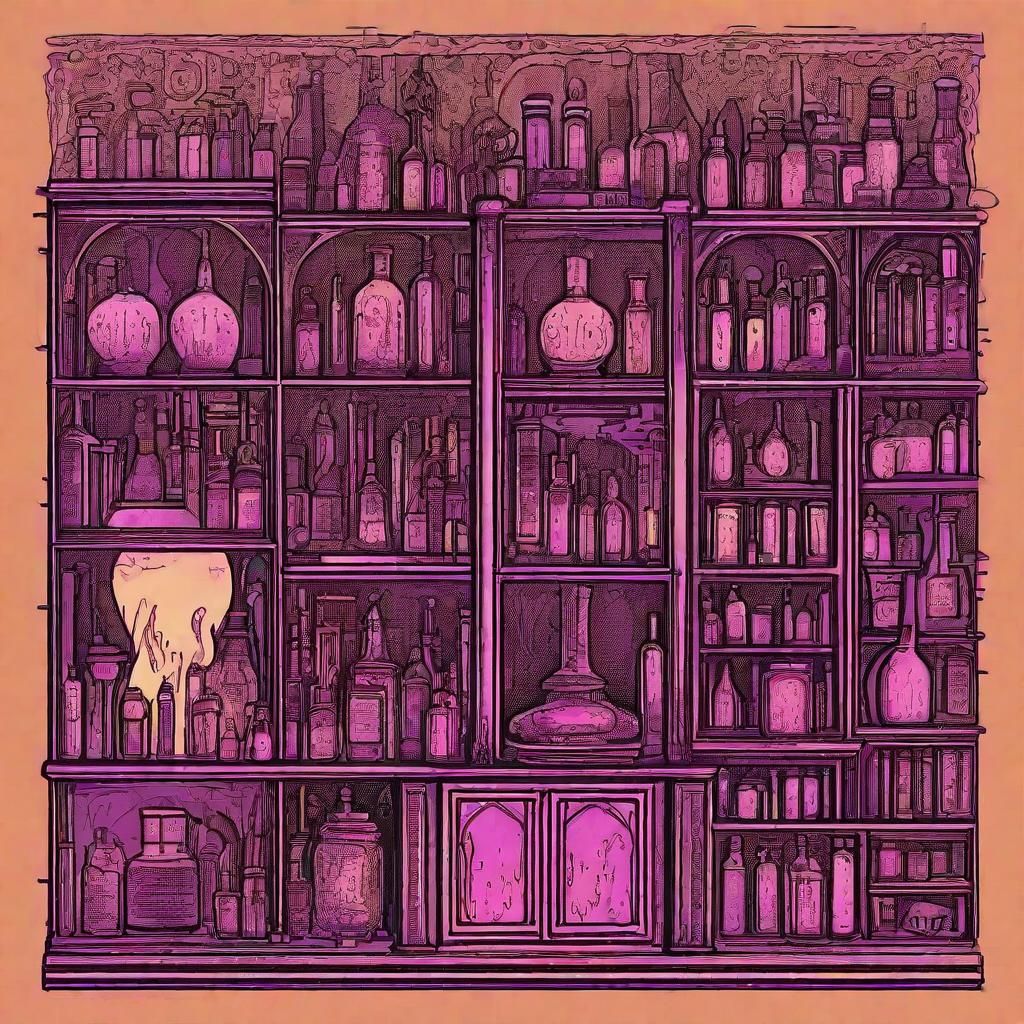 secluded alchemy lab, medieval tower, dusty scrolls, neon la...