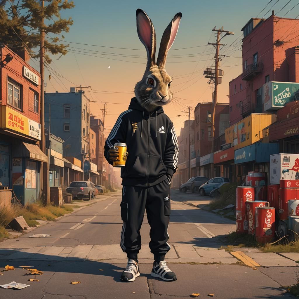 Anthropomorphic Rabbit in Adidas Suit, Golden Hour Lighting