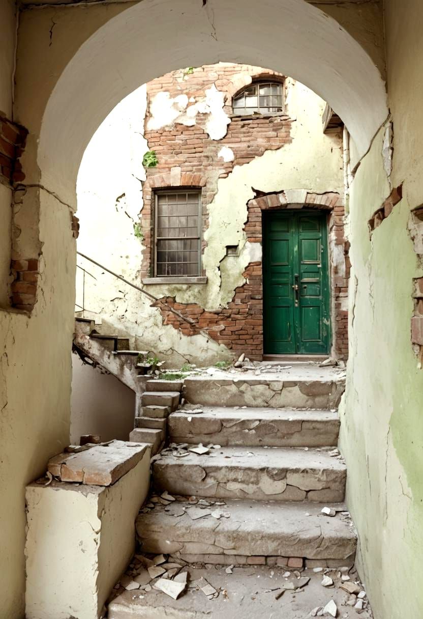 Entrance to Dilapidated Building with Staircase in 3D