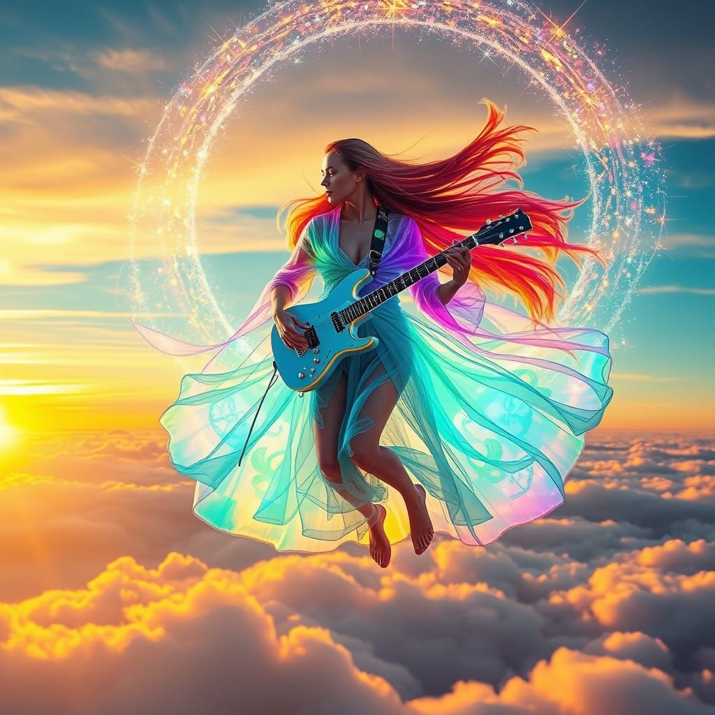 Futuristic Guitarist Soars Above Clouds at Sunset