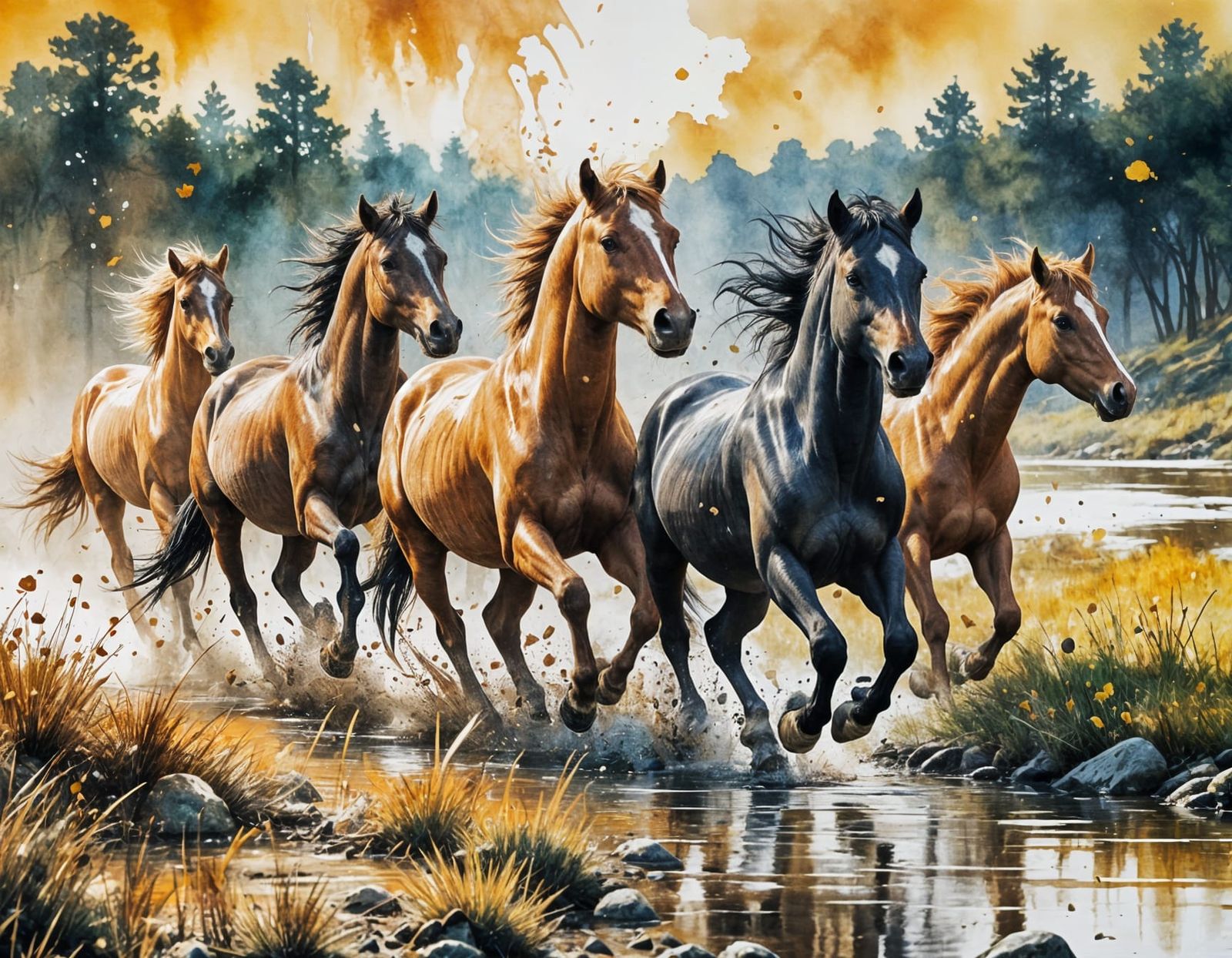 Wild Horses Running in Punk Ink Watercolor