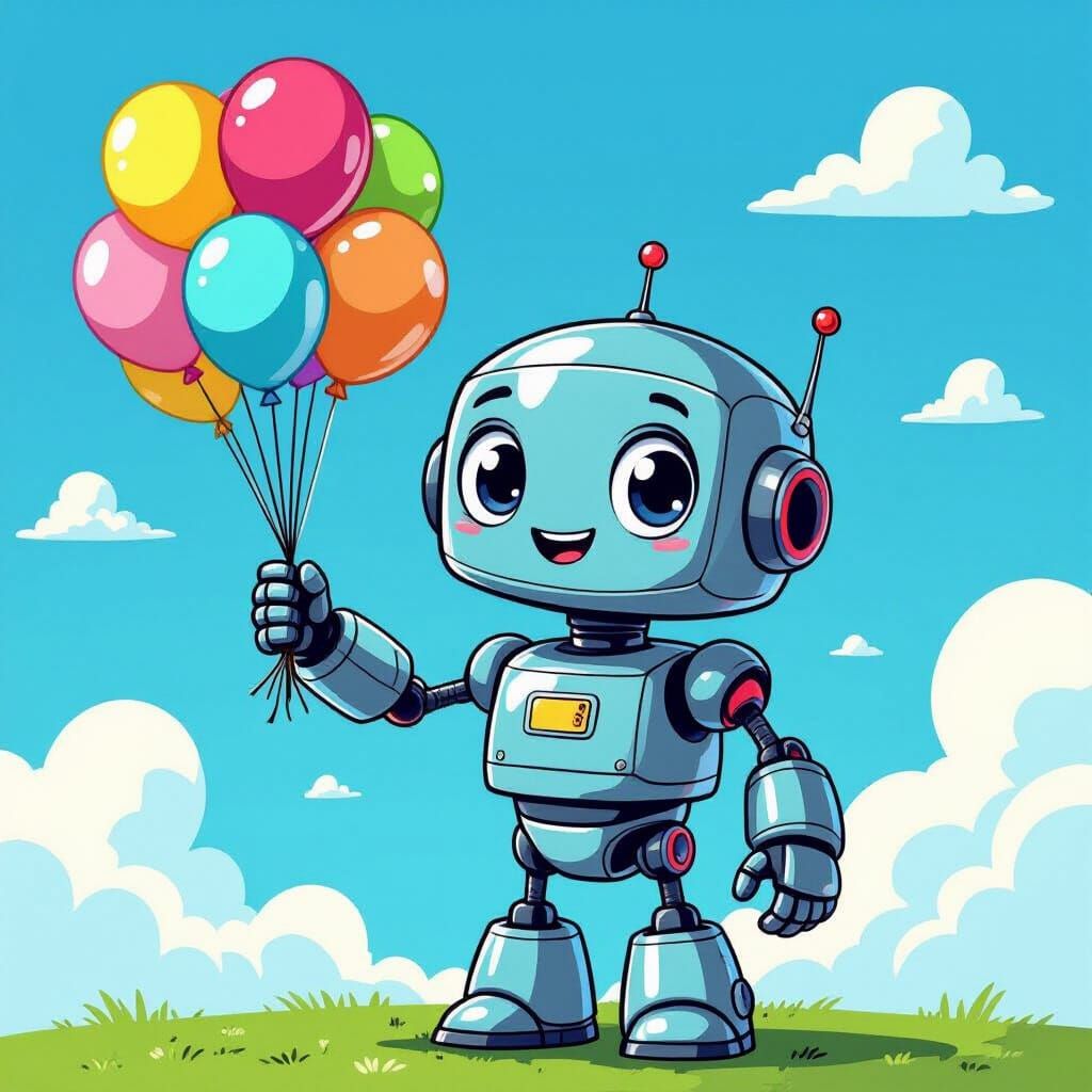 Friendly Cartoon Robot Waves Hello with Balloons