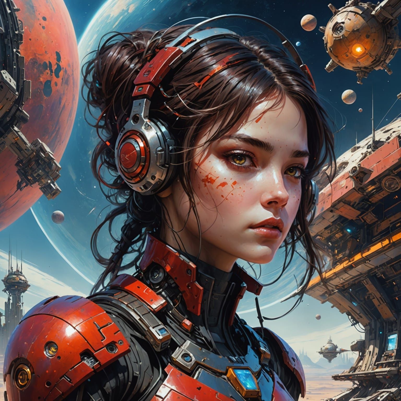 Cyborg Girl in Spaceport Dark Fantasy Art