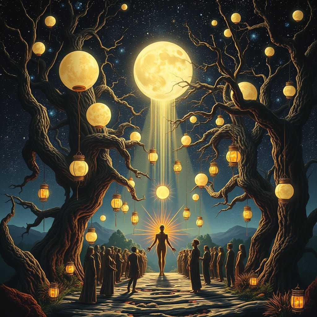 Surreal Cosmic Entities Gather Under Starry Expanse in Dream...