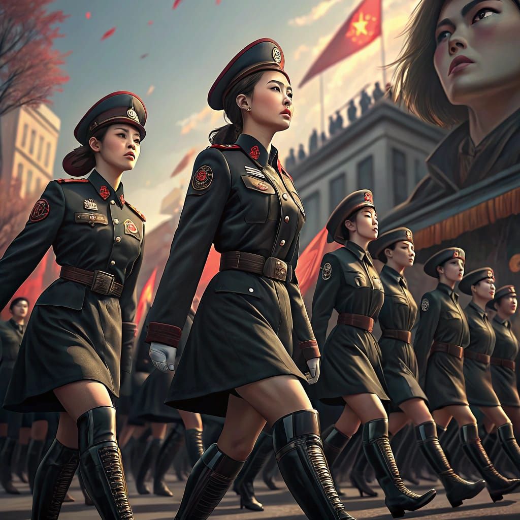 North Korean Female Soldiers in Hyperrealistic Parade