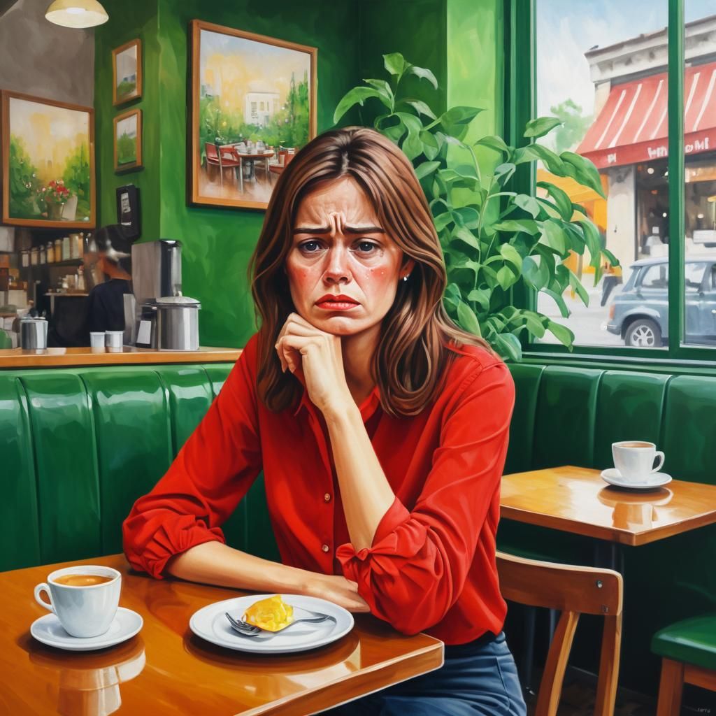 Sad Woman in Cafe Painting