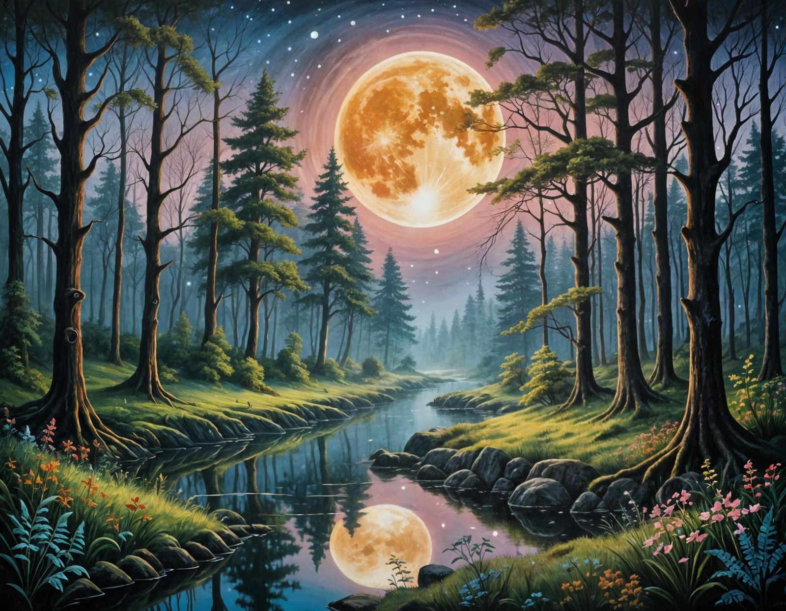 Mystical Forest Landscape Painting with Ethereal Glow