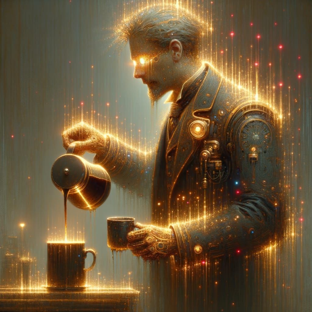 Bioluminescent Steampunk Man Preparing Coffee