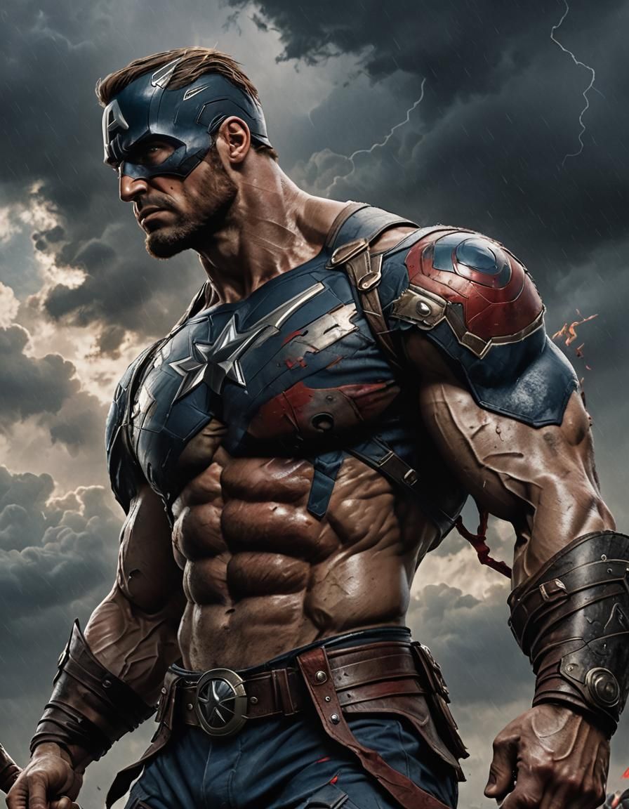 Triumphant Muscular Warrior with Captain America Head