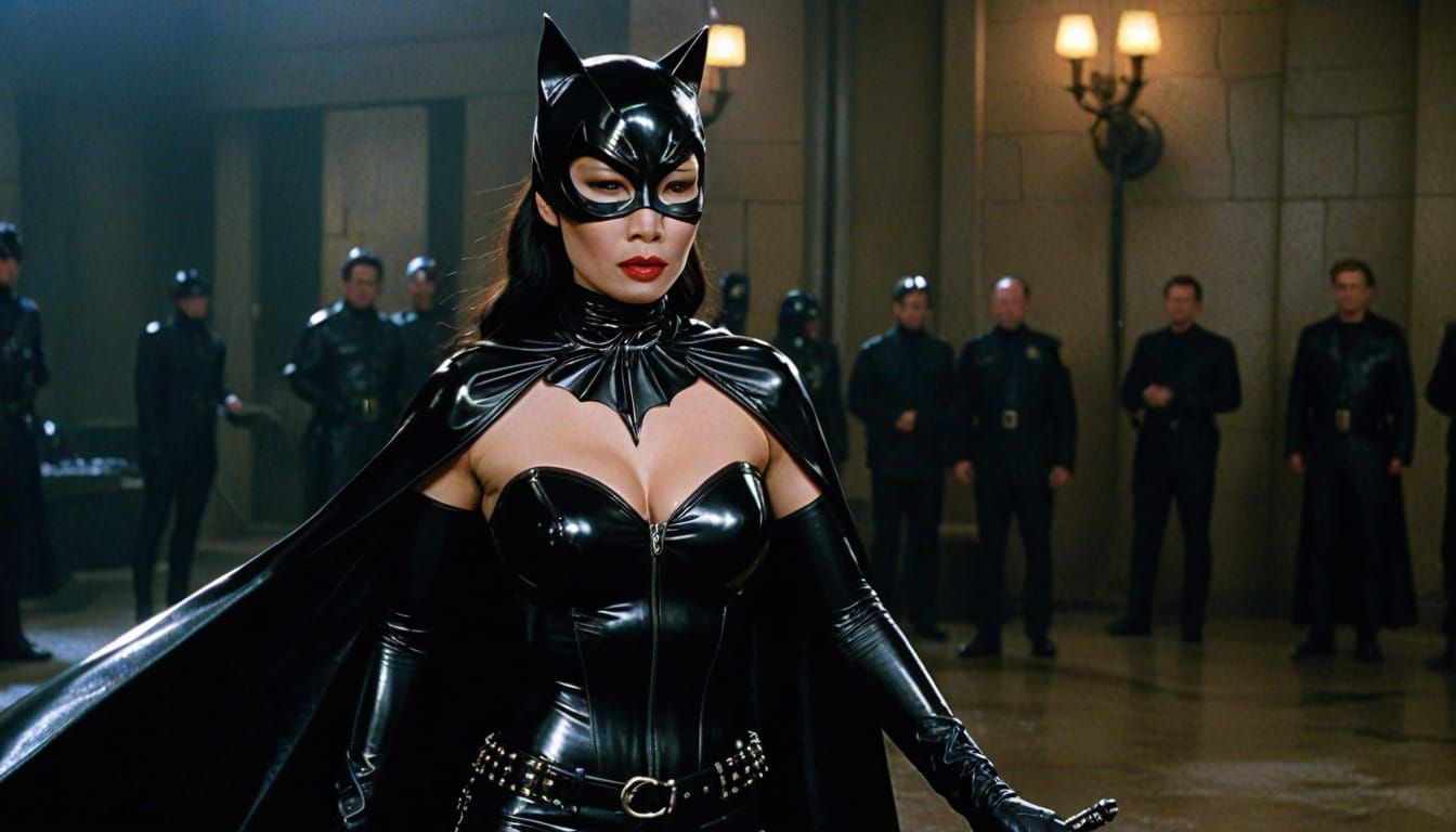 Latex Catwoman in Cinematic Film Still