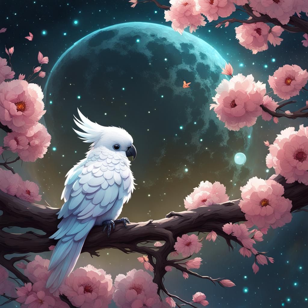 Chibi Cockatoo Constellation with Bioluminescent Flowers