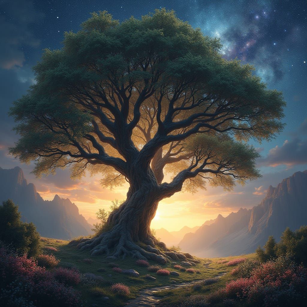 Ancient Tree Reaches for Celestial Realms in Dreamlike Lands...
