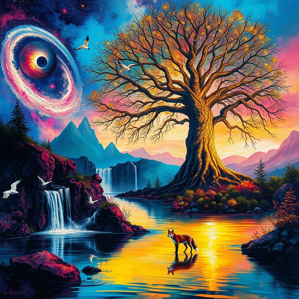 Luminescent Tree in Surrealist Landscape with Vibrant River ...