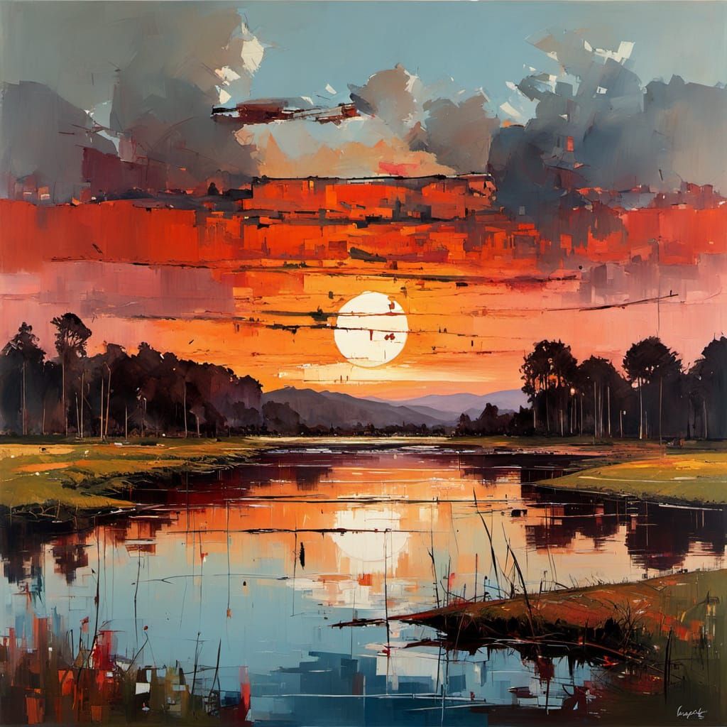 summer landscape at red copper sunset