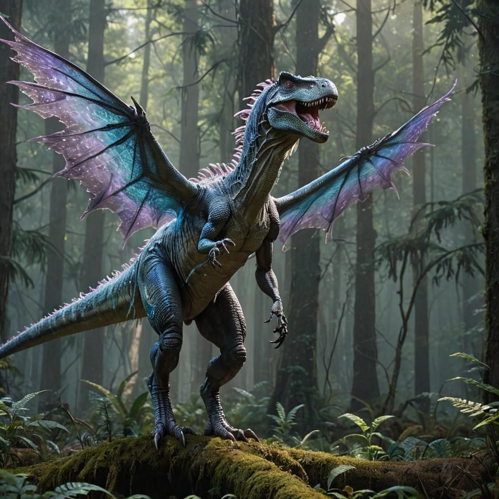 Cinematic Fairy-Tyrannosaurus Rex in Enchanted Forest