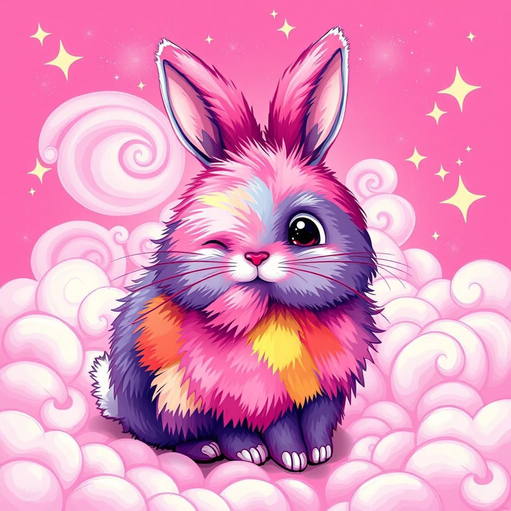 Neon Patchwork Rabbit in Anime Style