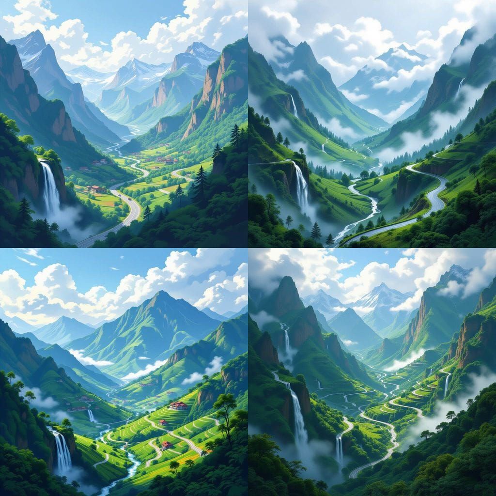 Majestic Mountain Landscape with Winding Roads and Waterfall...