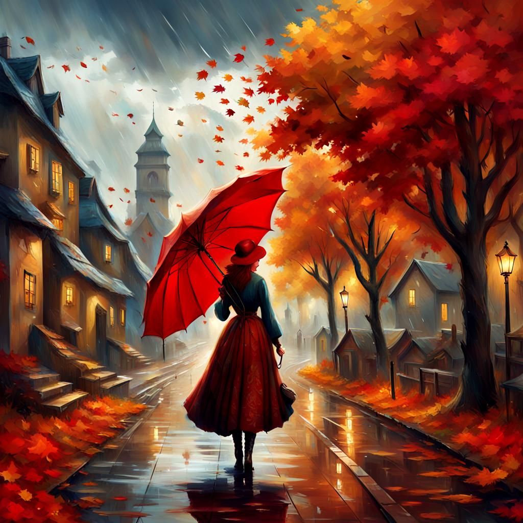 Redhead Girl Fights Autumn Storm: Matte Painting Style