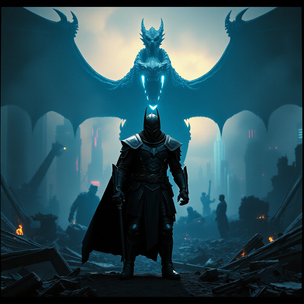 Dark Knight and Cybernetic Dragon in Dystopian Cityscape