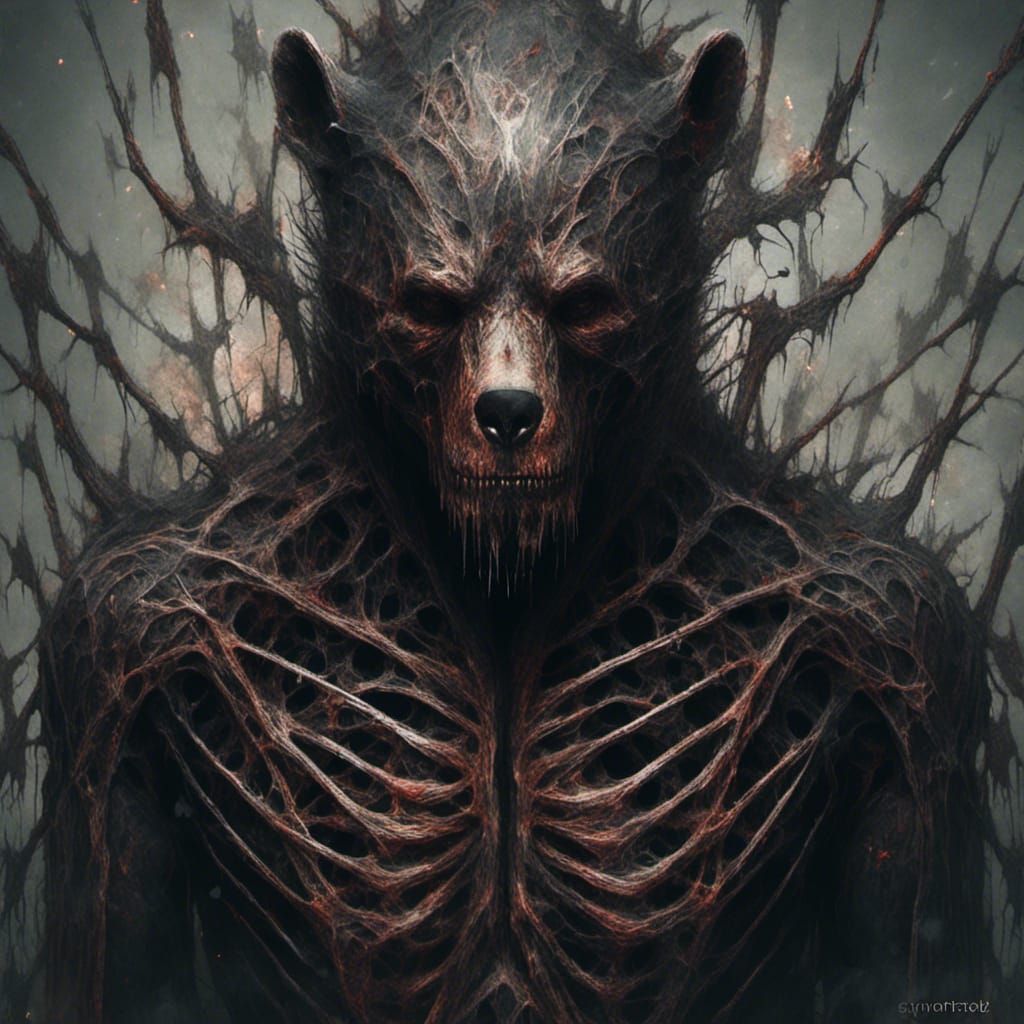 Cursed Undead Bear-Human Portrait in Macabre Style