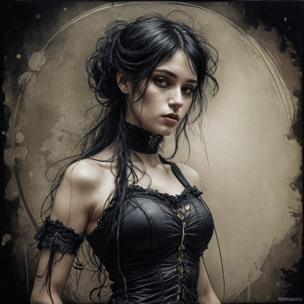 Goth Girl in Ink Style With Dark Background