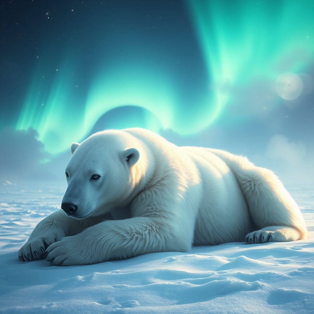 Polar Bear Dream Under Emerald Northern Lights