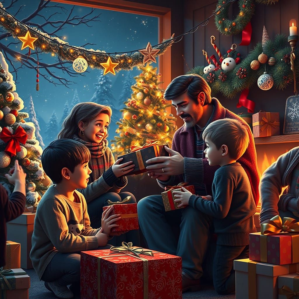 Nostalgic 80s Christmas Eve Scene with Family Gift-Giving