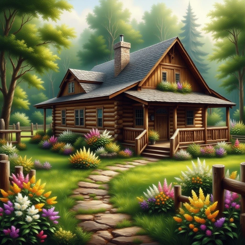 A charming log cabin sits amidst a lush green landscape. The cabin, made of weathered wooden logs, has a dark gray shing...