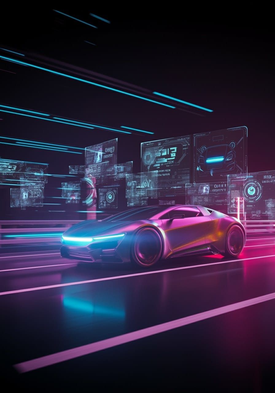 Futuristic car gliding through a neon-lit road, surrounded by holographic displays and vibrant digital graphics.