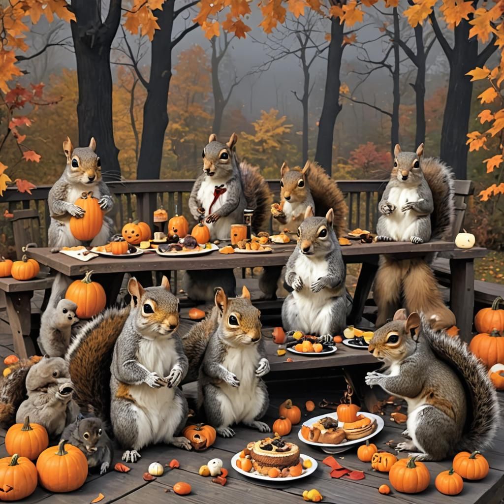 Squirrels' Halloween Party on a Picnic Deck