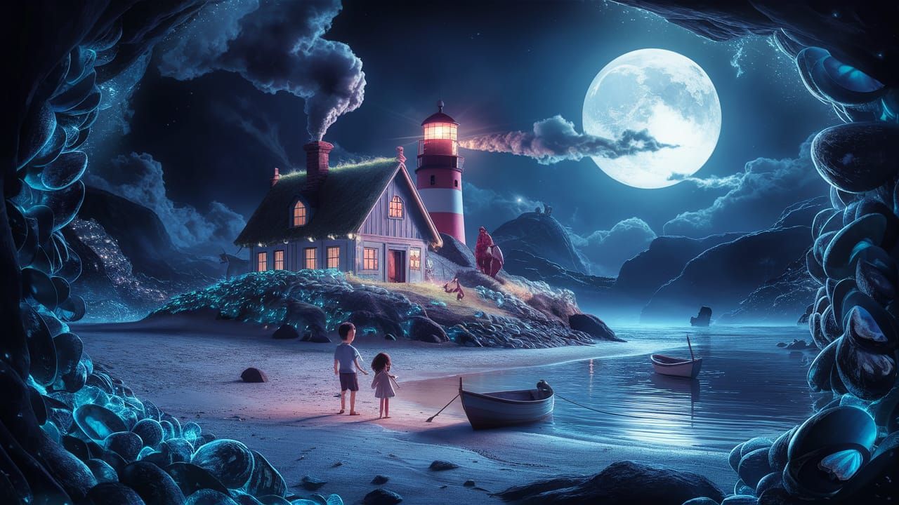 Enchanting Bioluminescent Beach at Night in 3D Anime Style