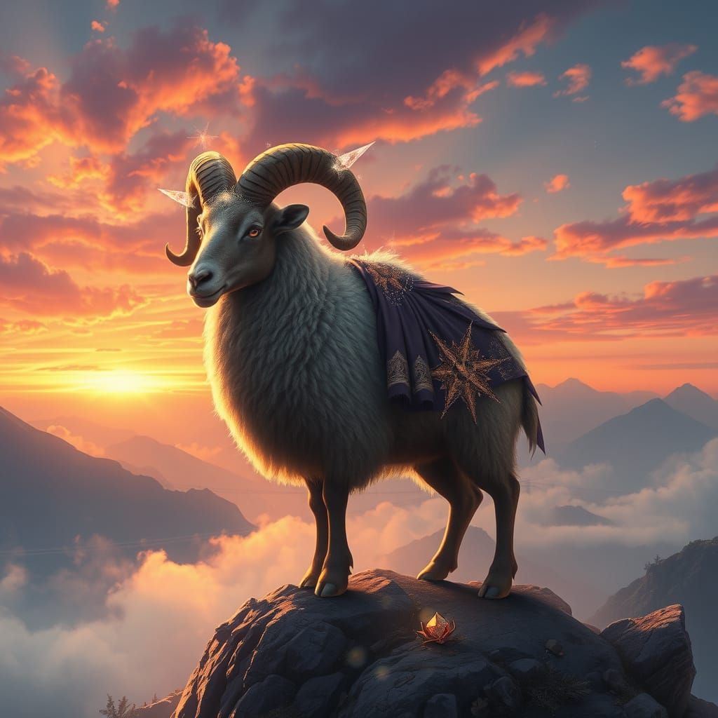 Crystal Horned Ram on Misty Peak at Sunset