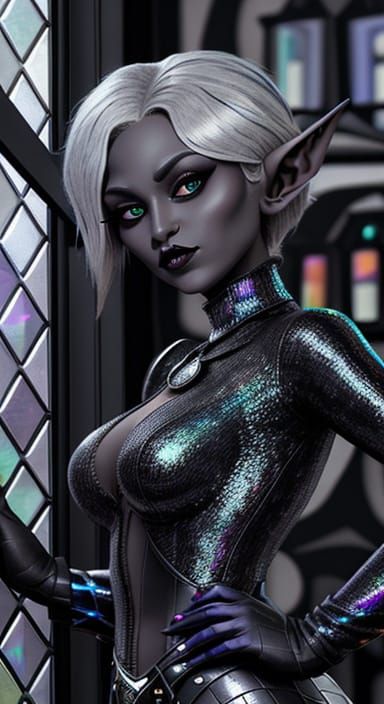 Goth Drow Elf Portrait in Prismatic Holographic Western Styl...
