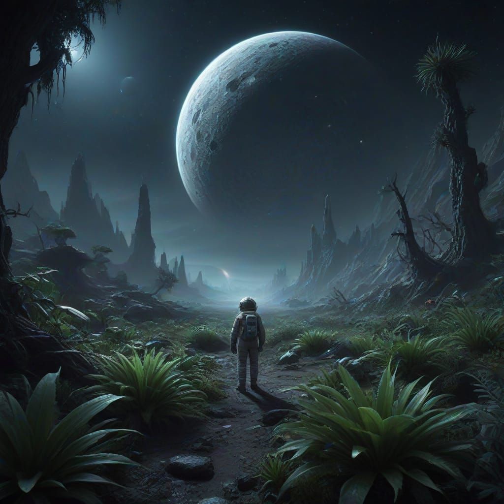 Astronaut Finds Glowing Garden on Alien Moon