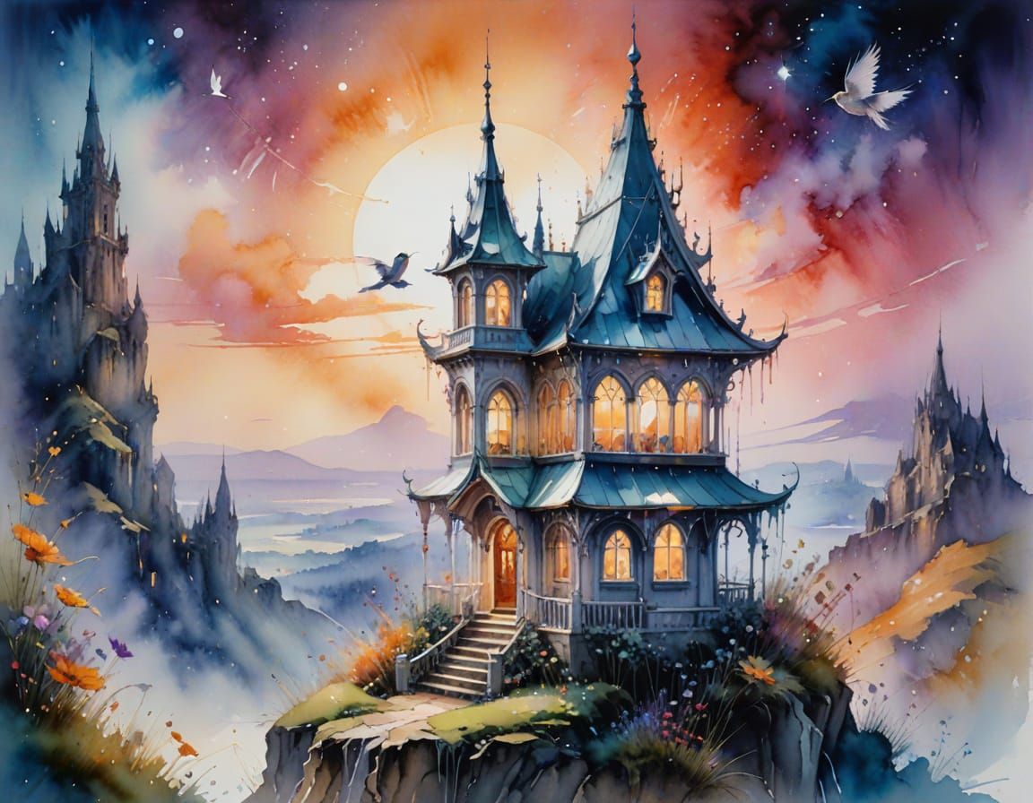 Crystal Birdhouse on a Plateau in Watercolour Style