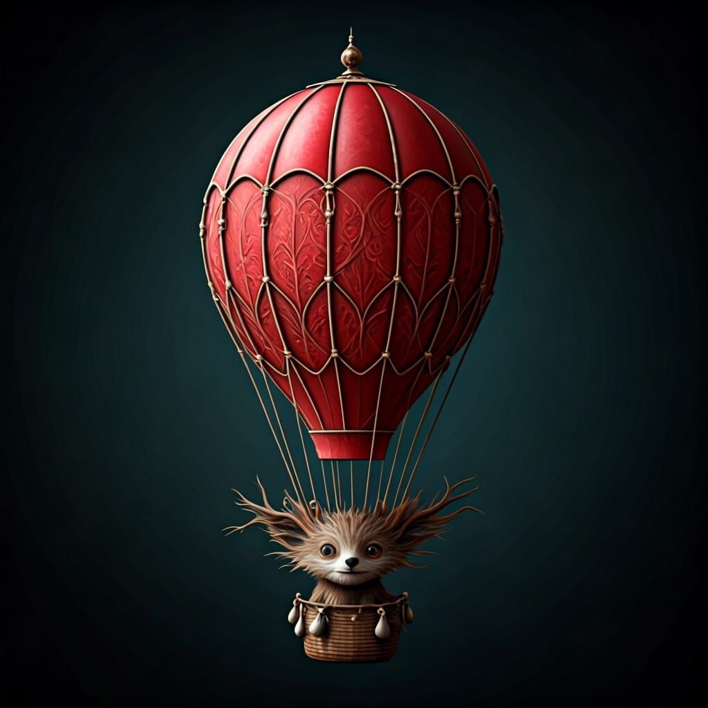 Red Hot Air Balloon Woodland Creature, Mixed Media Art