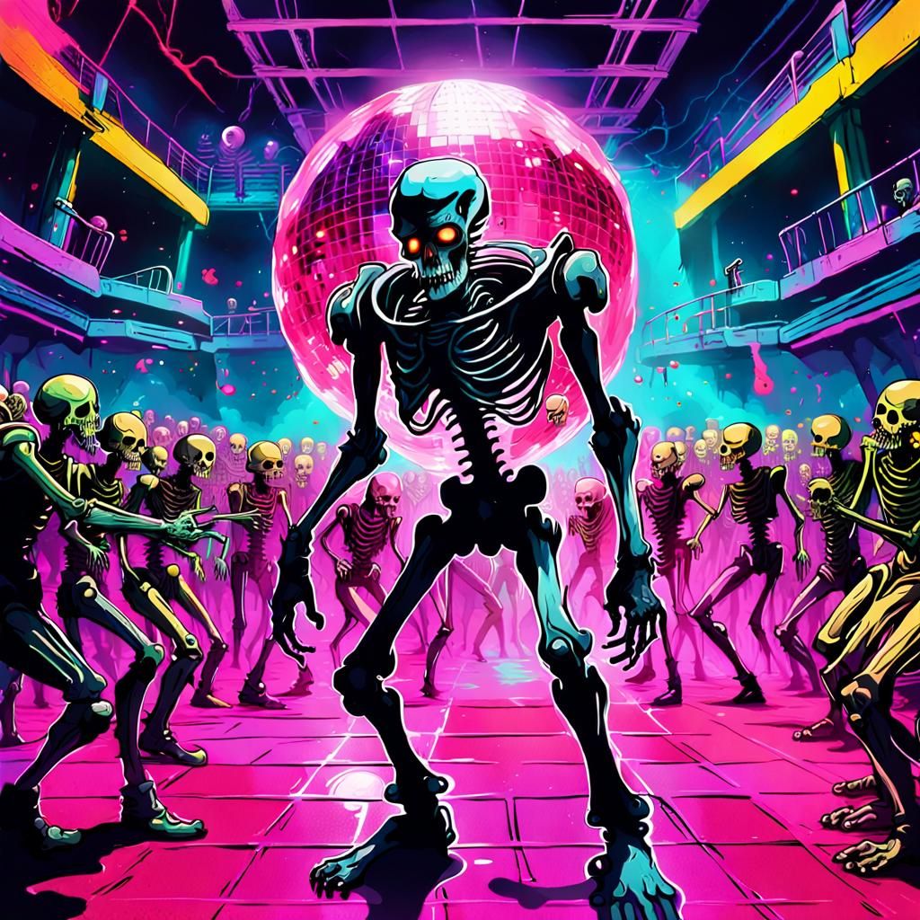 Cyberpunk Zombie Dance Party in Biomechanical Art Style
