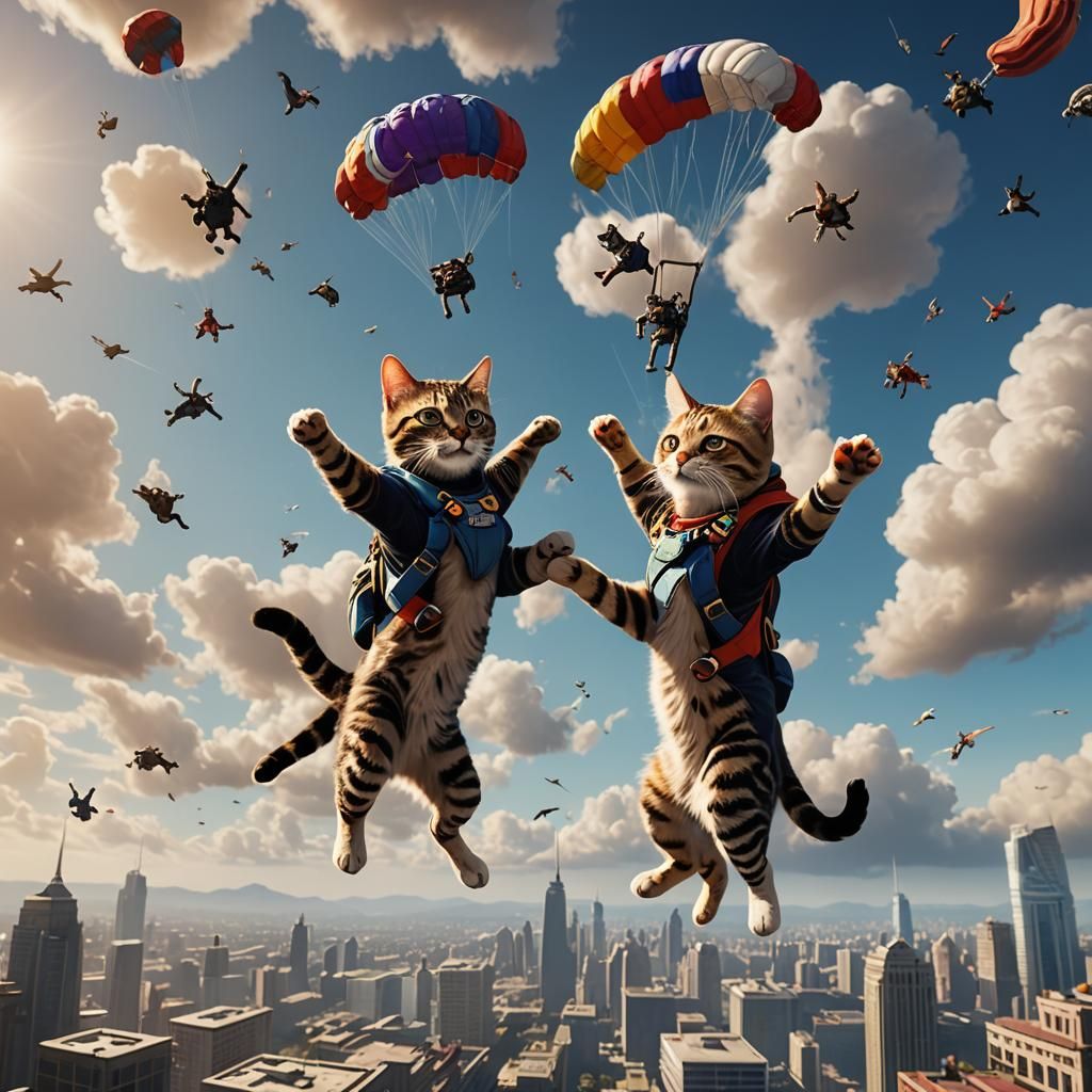 Skydiving Cats High Five: Detailed Matte Painting