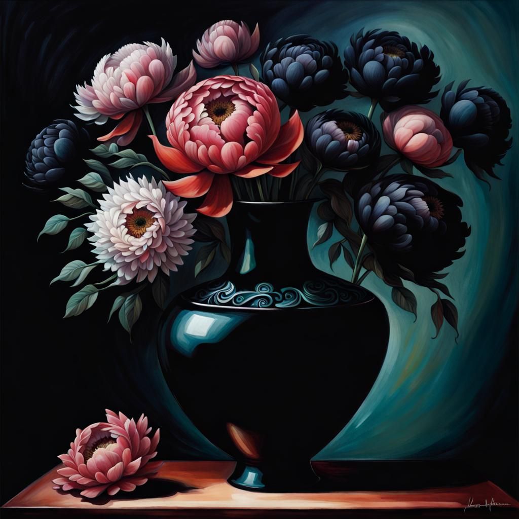 Black Peonies Still Life in Illustrative Style