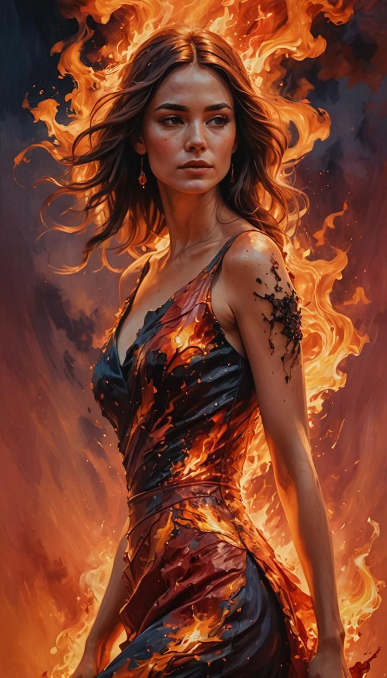 Woman in Fire Dress, Alcohol Painting Style